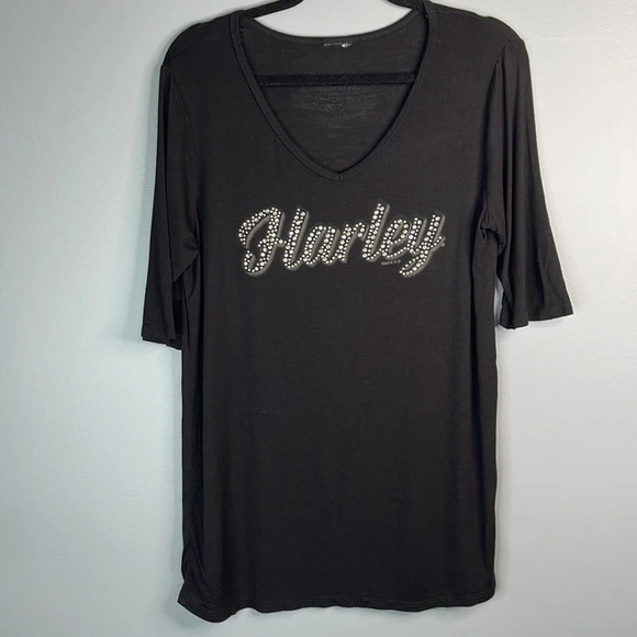 HARLEY-DAVIDSON Logo Rhinestone Embellished T-Shirt Red Rock PEI Black V-Neck L - Picture 10 of 10